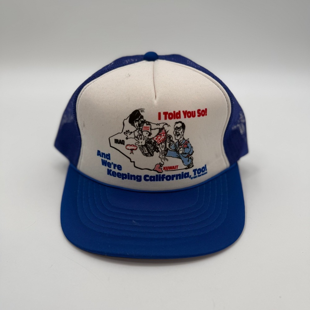 UA Headwear Mens OSFA Trucker Hat Blue Gulf War Political Cartoon 1991 Vintage